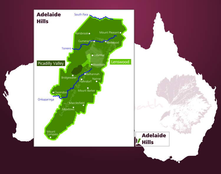 Karte des Weinbaugebiets Barossa Valley Adelaide Hills in South Australia