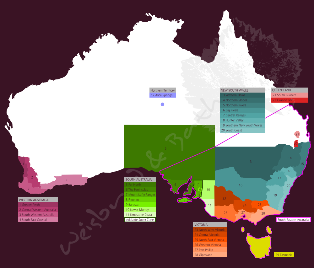 Karte der großen und kleinen Weinbau-Gebiete in Australien
