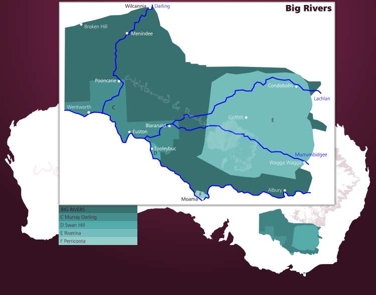 Karte des Weinbaugebiets Big Rivers in Australien mit seinen Sub-Zonen