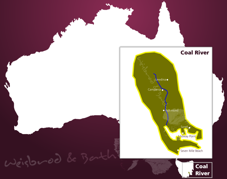 Karte des Weinbaugebiets Coal River auf Tasmanien
