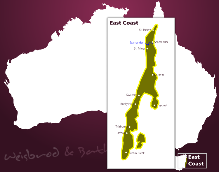 Karte des Weinbaugebiets East Coast auf Tasmanien