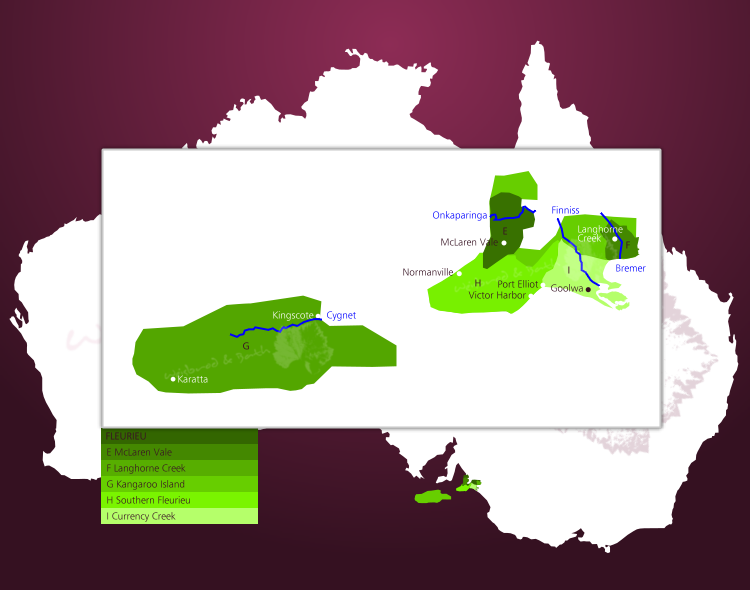 Karte des Weinbaugebiets Fleurieu in South Australia mit seinen Unterregionen