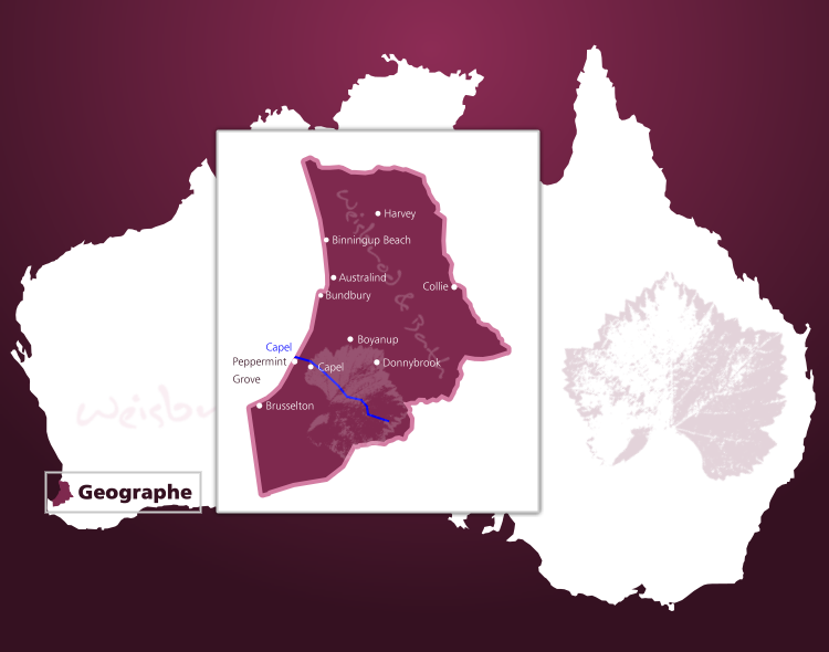 Karte des Weinbaugebiets Geographe in Western Australia