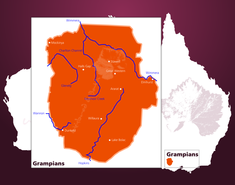 Karte des Weinbaugebiets Grampians in der Region Western Victoria