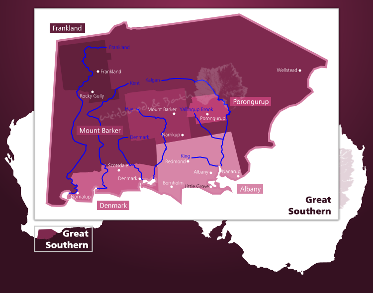 Karte des Weinbaugebiets Great Southern mit seinen Anbaubereichen