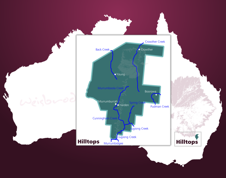 Karte des Weinbaugebiets Hilltops in Australien