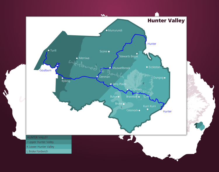 Karte des Weinbaugebiets Hunter Valley in Australien mit seinen Sub-Bereichen