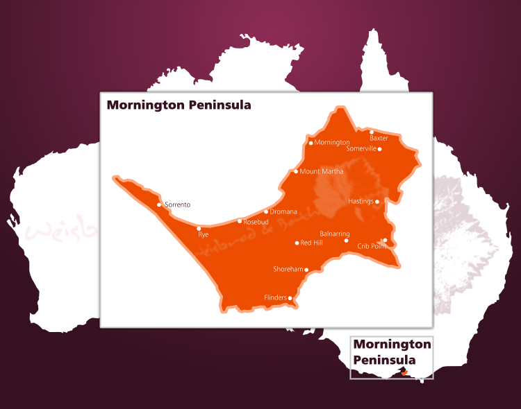 Karte des Weinbaugebiets Mornington Peninsula im Bereich Port Phillip