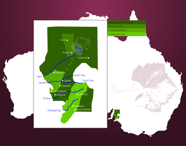 Karte der Weinbauregion Mount Lofty Ranges und ihrer Anbaugebiete in South Australia