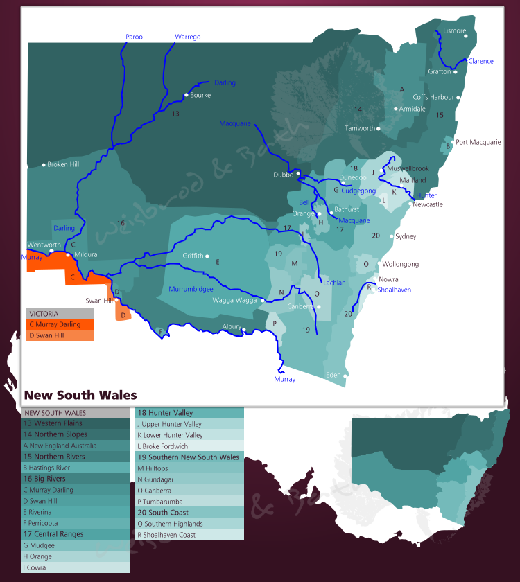 Karte der Weinbaugebiete in New South Wales in Australien