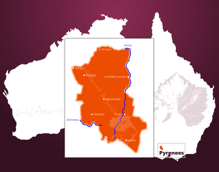 Karte des Weinbaugebiets Pyrenees in der Region Western Victoria