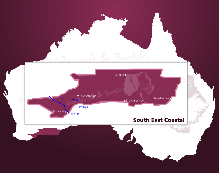 Karte des Weinbaugebiets South East Coastal im australischen Staat Western Australia
