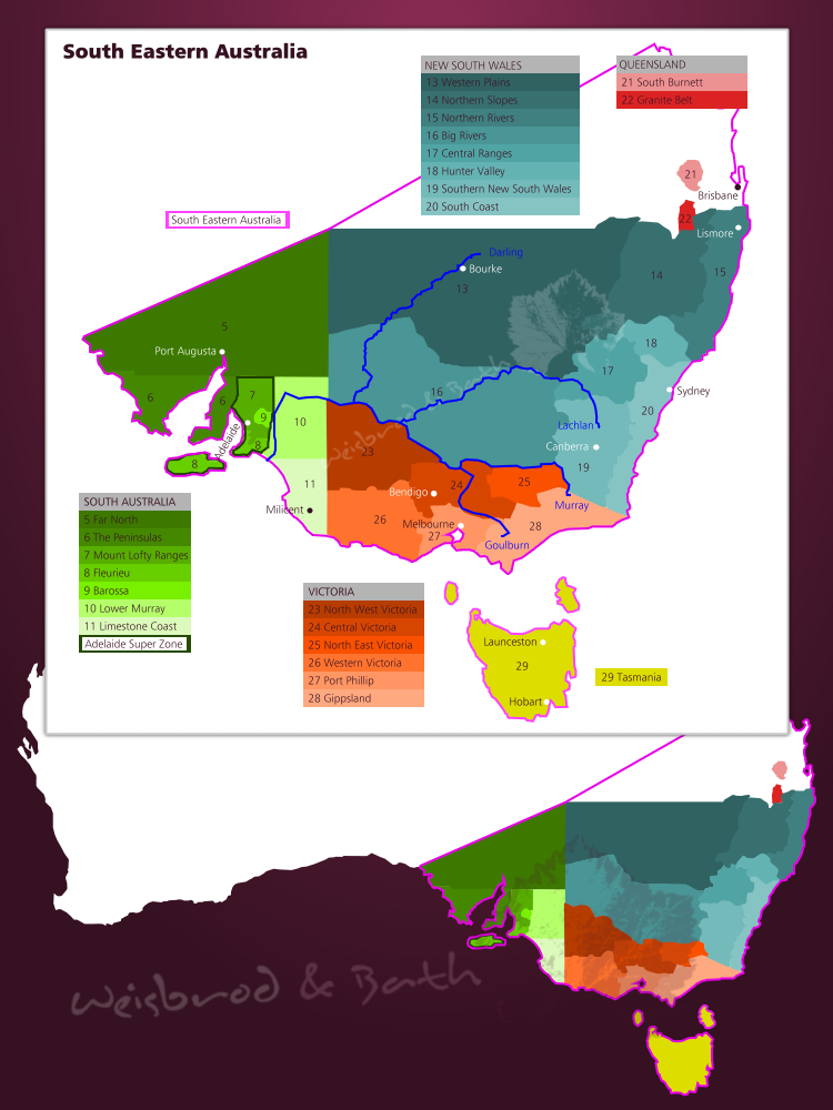 Karte der riesigen Weinbauzone South Eastern Australia