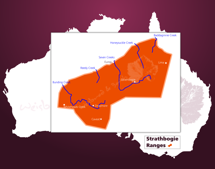 Karte des Weinbaugebiets Strathbogie Ranges in Central Victoria