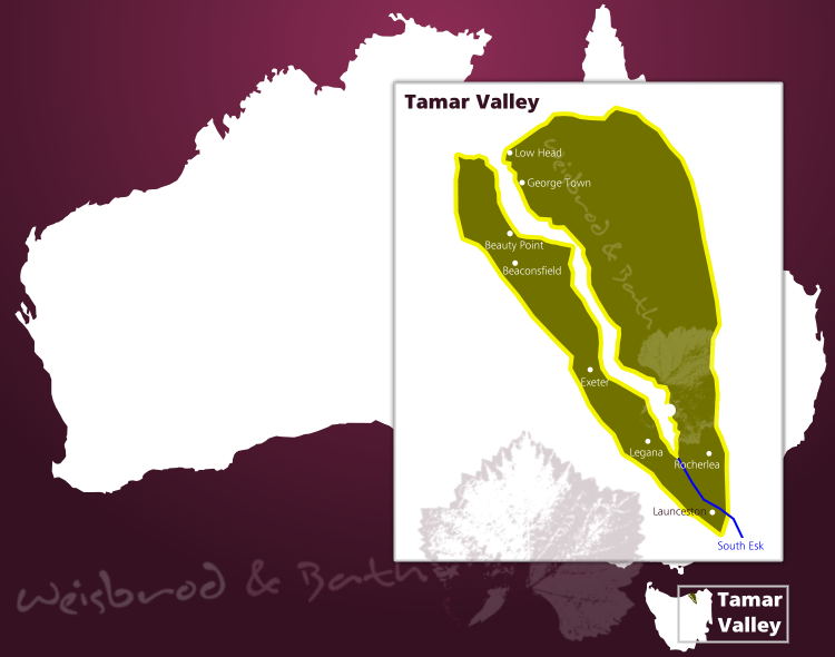 Karte des Weinbaugebiets Tamar Valley auf Tasmanien