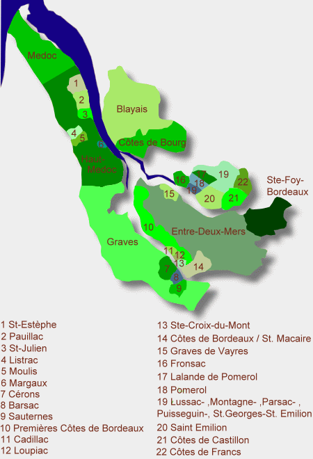 Karte Weinbaugebiet Premières Côtes de Bordeaux in Bordeaux