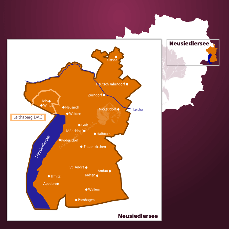 Karte des Weinbaugebiets Neusiedlersee DAC in Österreich
