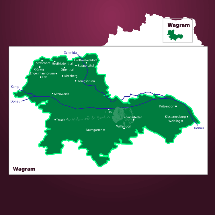 Karte des Weinbaugebiets Wagram (Donauland) in Österreich
