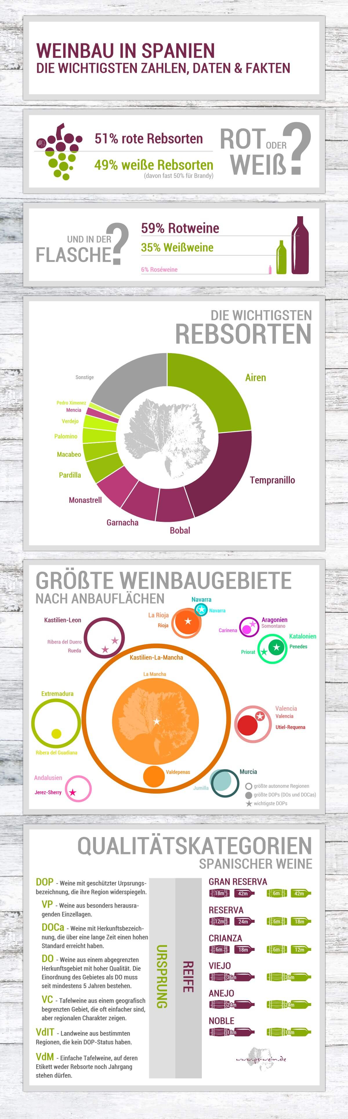 Infografik zum Weinbau in Spanien mit den wichtigsten Rebsorten, größten Regionen und Qualitätsstufen
