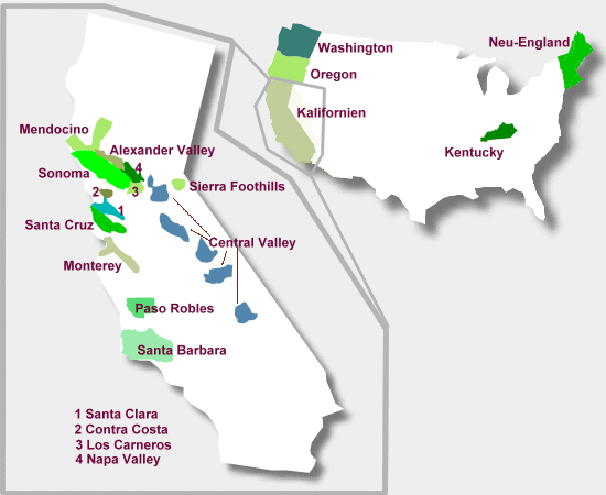 Karte der Weinbaugebiete in den USA